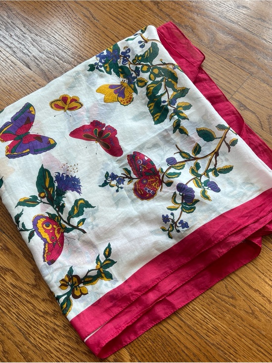 Ginnie Johansen Inc. Accessories - Floral Butterfly Print Cotton Scarf with Hot Pink Border